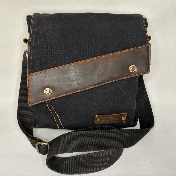 Auger Canvas Leather Crossbody Messenger Bag Black Unisex - Picture 1 of 13